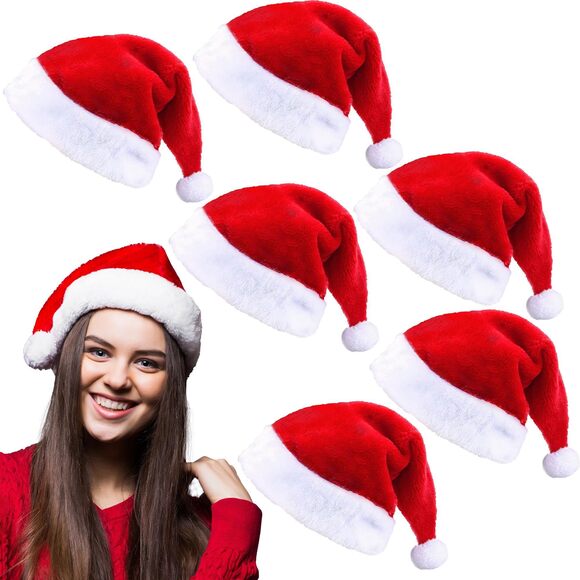 Accessories - 6009 Christmas Santa Hats Adult - Pack of 6 | Fluffy Santa Hat, Plush Santa